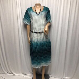 Nivola Dress with Belt Size XL Teal Black White Polka Dot Short Sleeve Sheath
